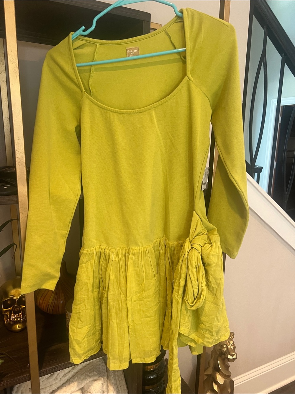 Free People Lime Green Long Sleeve Mini Dress with Side Tie